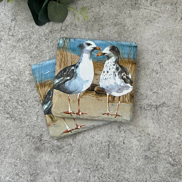 Slate Coasters Set of 2 - Decoupage Seagulls, Coastal, Upcycled