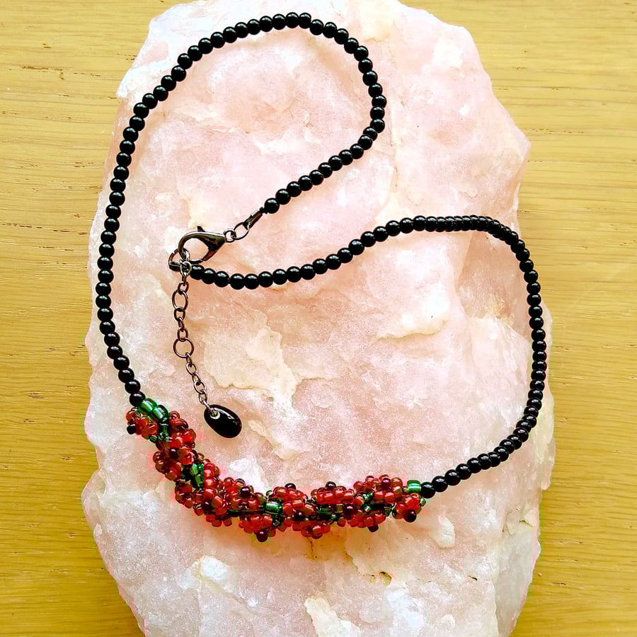 Red Poppy Flower Beaded Vine Twist Hand Stitched With Black Bead Chain Necklace