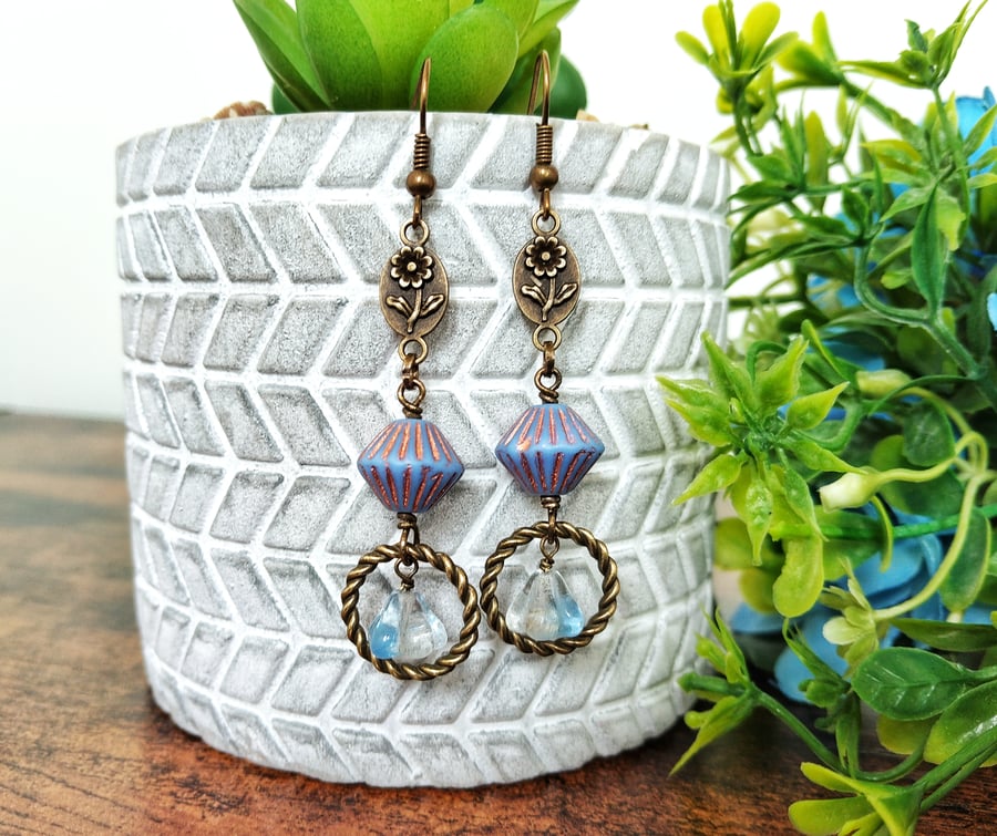 Cornflower Blue Glass Flower Earrings 
