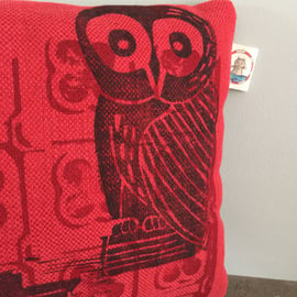 Dream Sleep Pillow - Hand printed with an owl and lighthouse design - Red