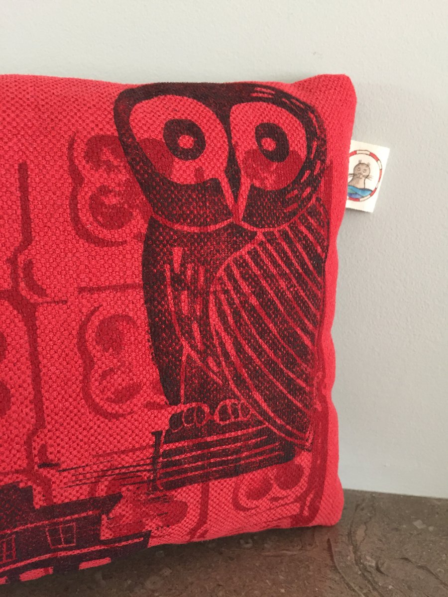 Dream Sleep Pillow - Hand printed with an owl and lighthouse design - Red