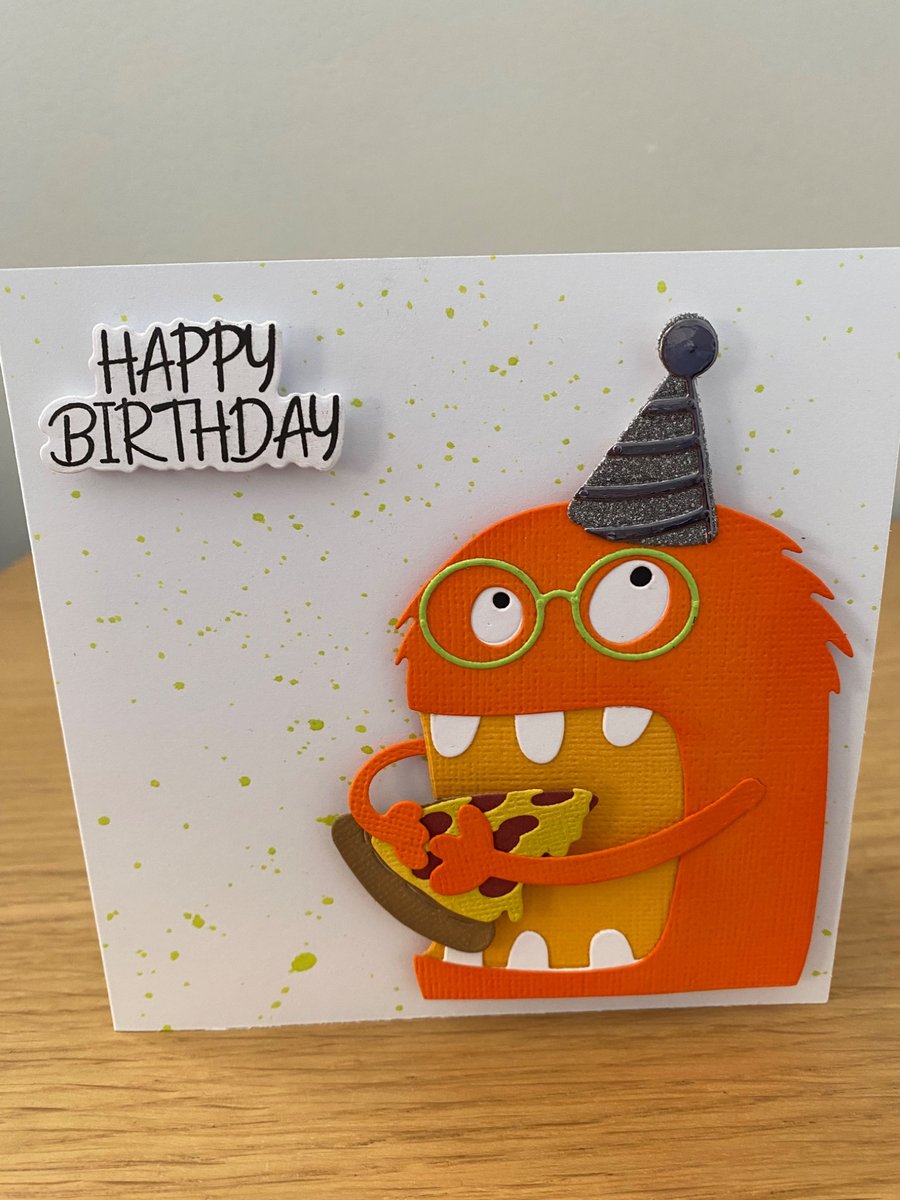 Handmade Monster Birthday Card Pizza Party Design