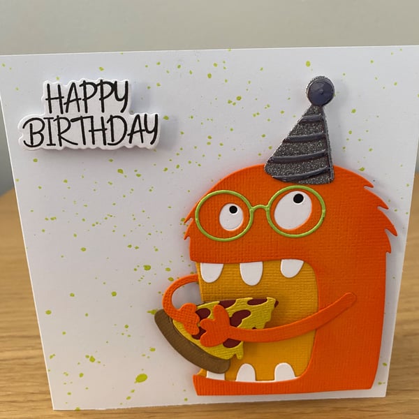 Handmade Monster Birthday Card Pizza Party Design