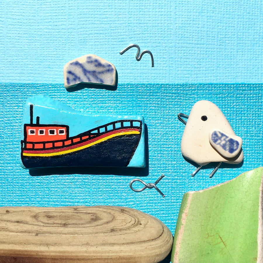 Seagull & RNLI Lifeboat Pebble Art. Driftwood & Scottish Sea Pottery Picture