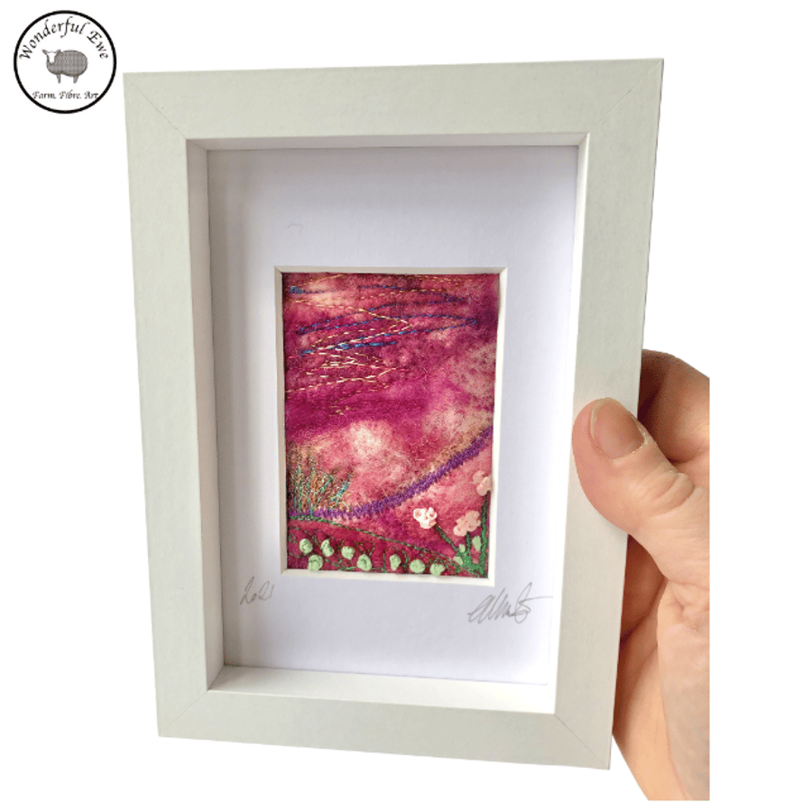 Mini landscape flowers wet felt needle felt fibre art embroidery felt painting