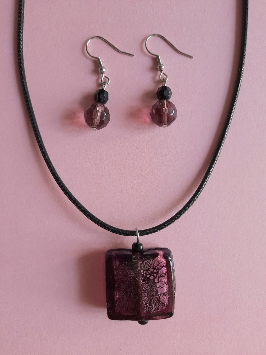 Purple Murano glass pendant. Art necklace. Glass hook earrings. Jewelry set.