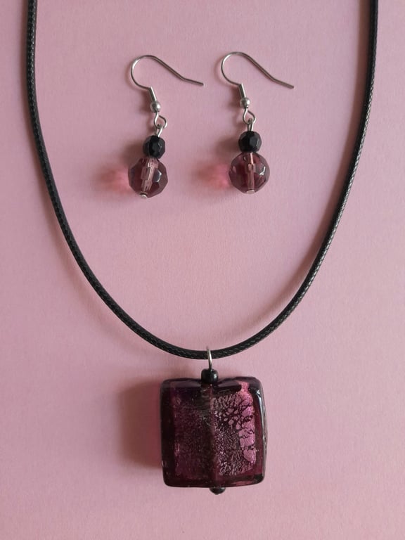 Purple Murano glass pendant. Art necklace. Glass hook earrings. Jewelry set.