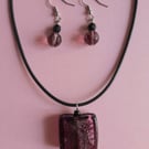 Purple Murano glass pendant. Art necklace. Glass hook earrings. Jewelry set.