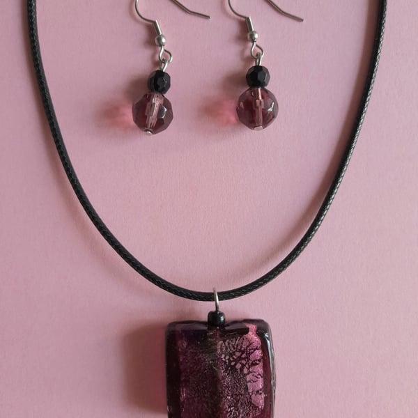 Purple Murano glass pendant. Art necklace. Glass hook earrings. Jewelry set.