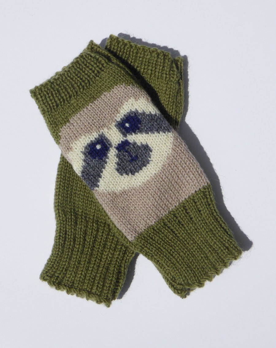 Sloth Fingerless Gloves knitted in green wool, handmade wrist warmers