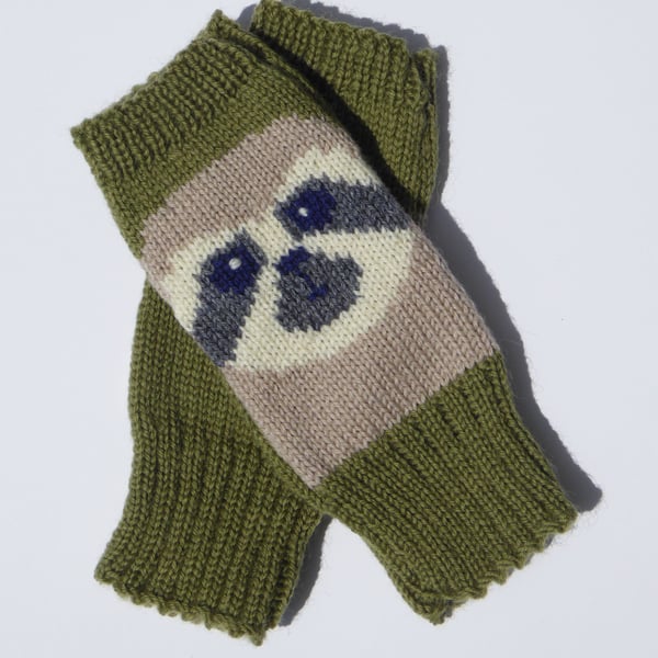 Sloth Fingerless Gloves knitted in green wool, handmade wrist warmers