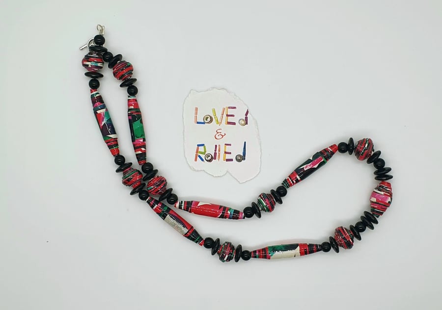 Paper beaded black, red, pink and green necklace