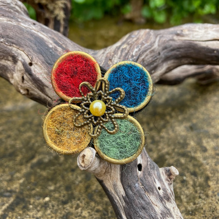 Circle Brooch, brass rings with needle felted centre, random colours