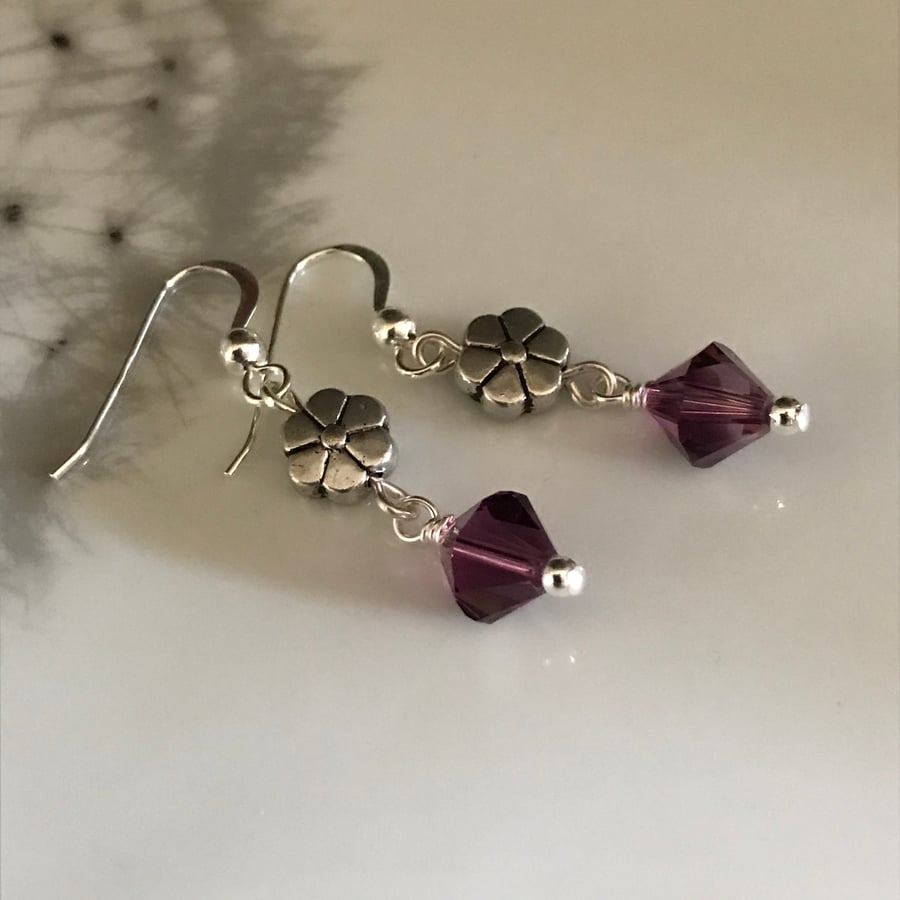 Swarovski Crystal, Flower earrings, Purple