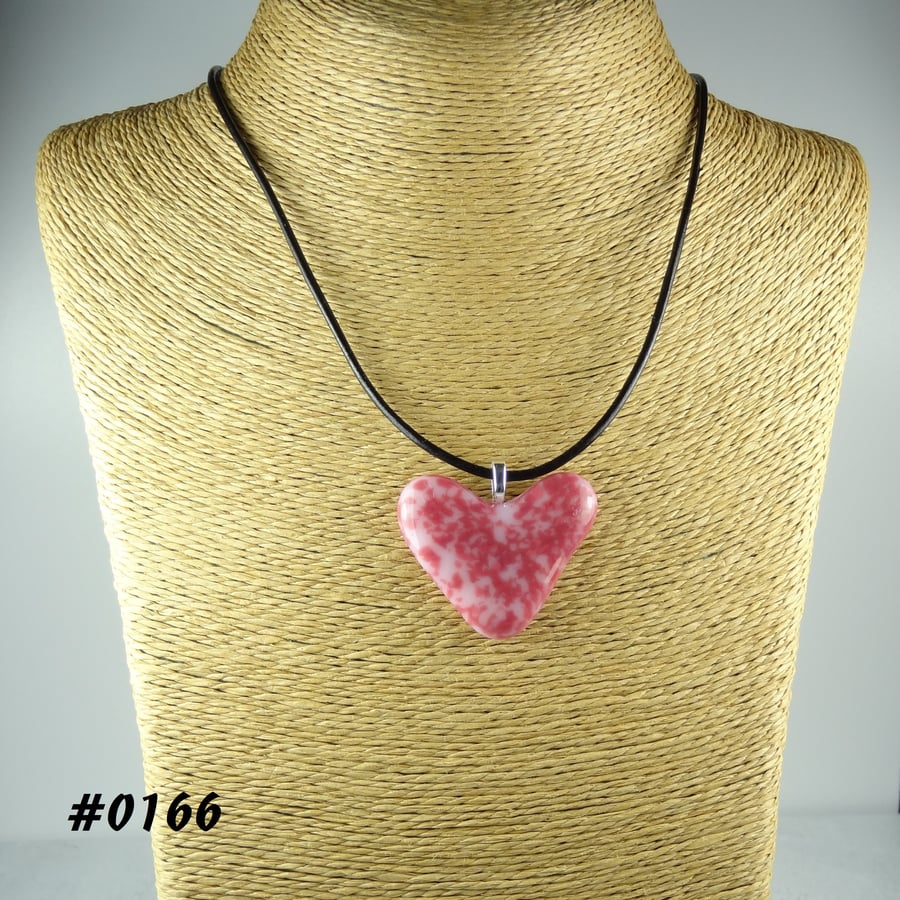Pink handcrafted fused glass heart pendant on a black leather cord (0166)