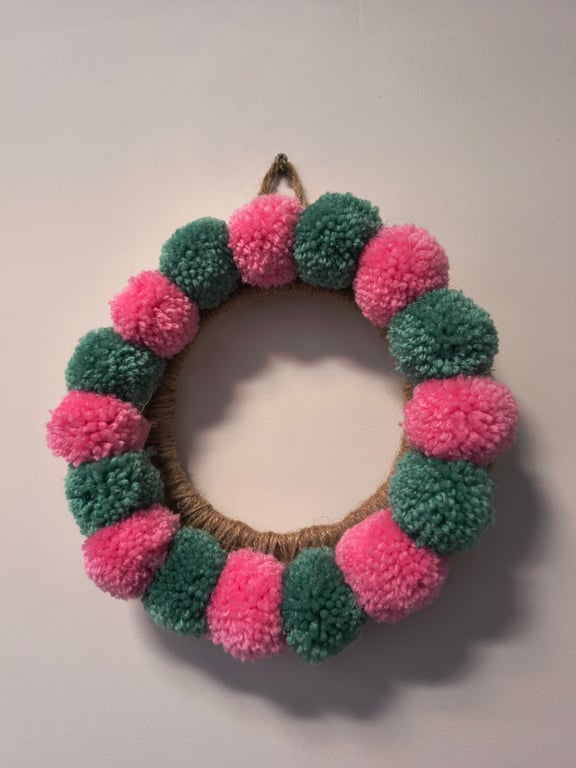 WICKED green and pink pom pom wreath FREE POSTAGE