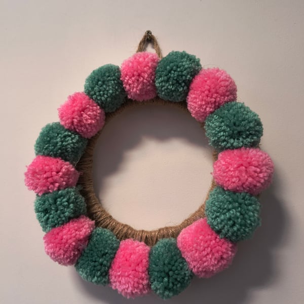 WICKED green and pink pom pom wreath FREE POSTAGE