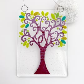 Fused Glass "Love" Green Tree Hanging - Handmade Glass Suncatcher