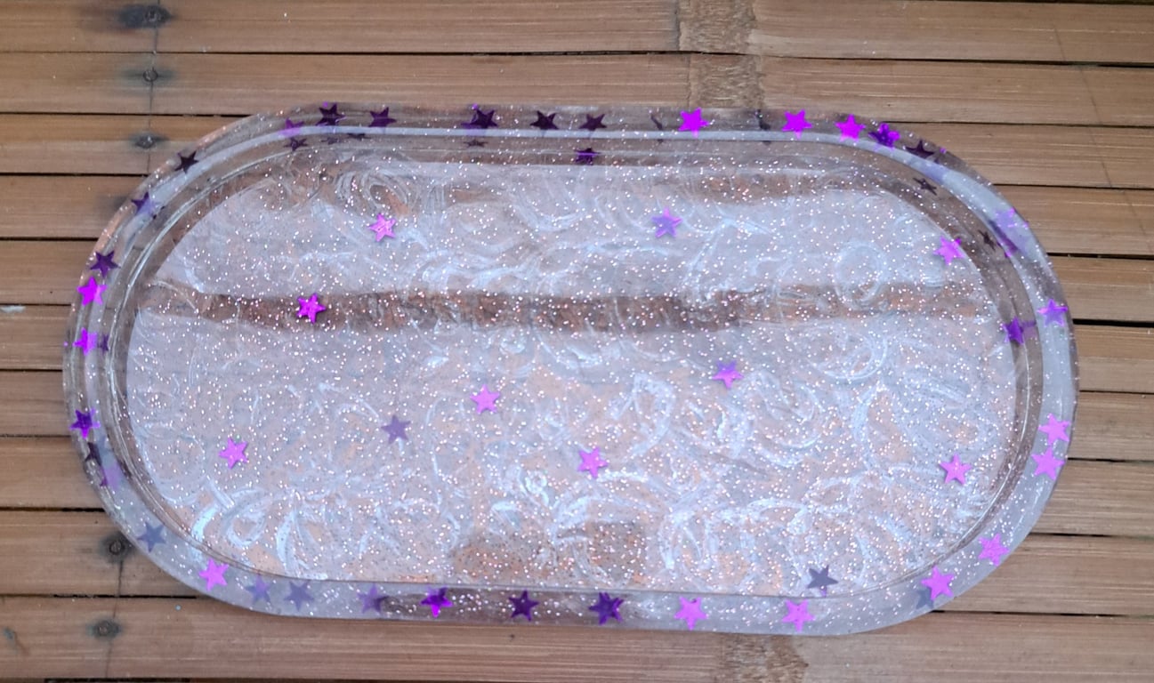 Purple heart and glitter tray, dish, trinket dish for jewellery, cups, candles