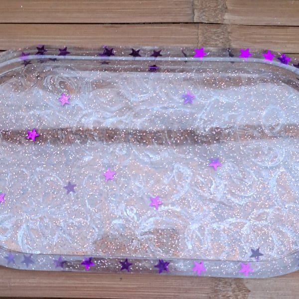 Purple heart and glitter tray, dish, trinket dish for jewellery, cups, candles