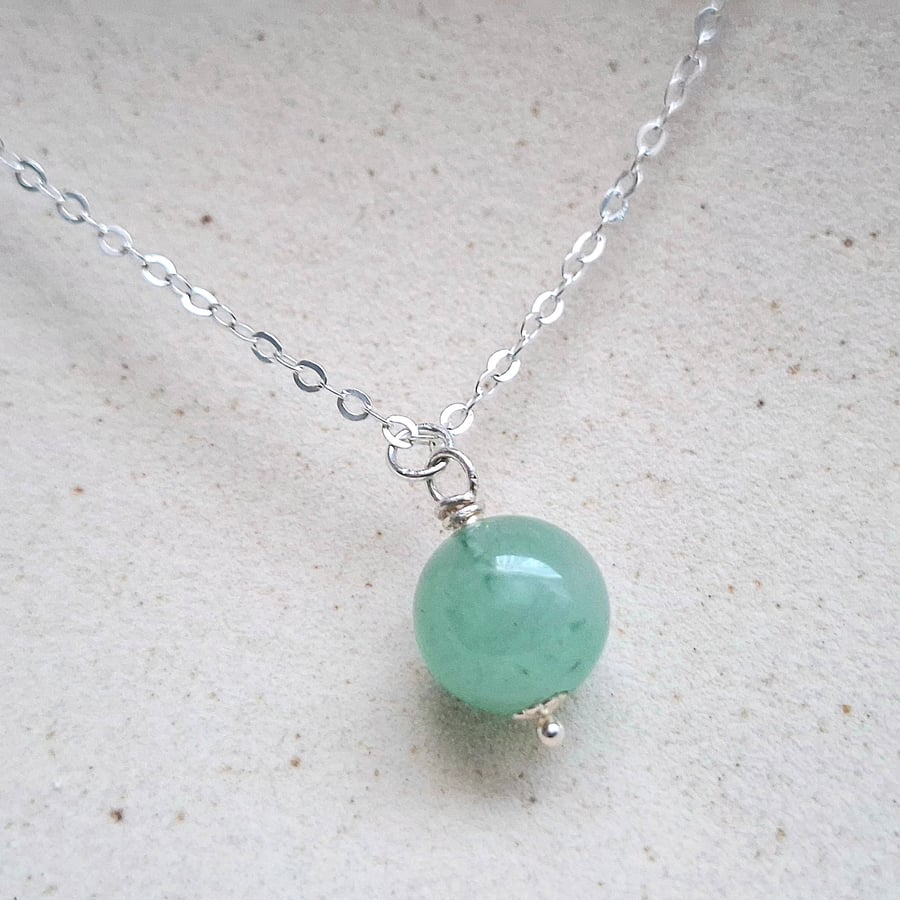 Green Aventurine Necklace, Sterling Silver Cable Chain With Gemstone Pendant