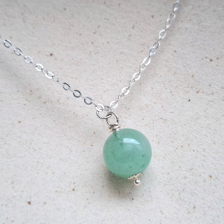 Sterling Silver Green Aventurine Necklace, Gemstone Pendant