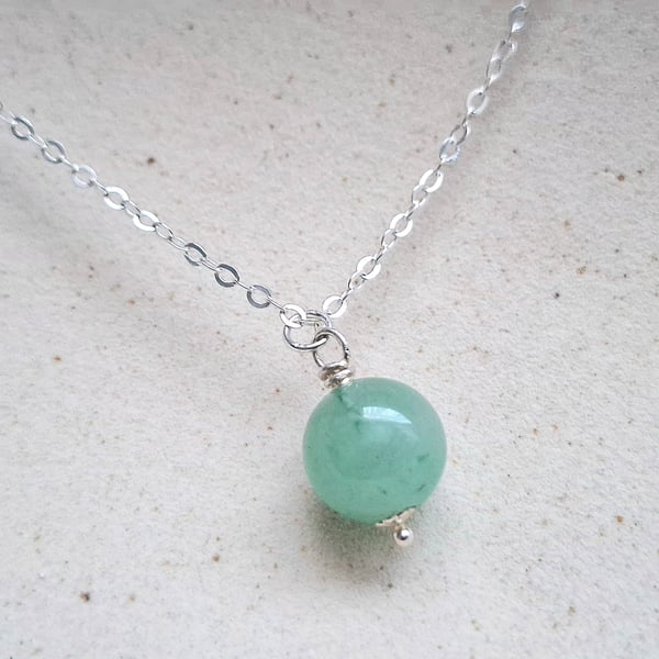 Sterling Silver Green Aventurine Necklace, Gemstone Pendant