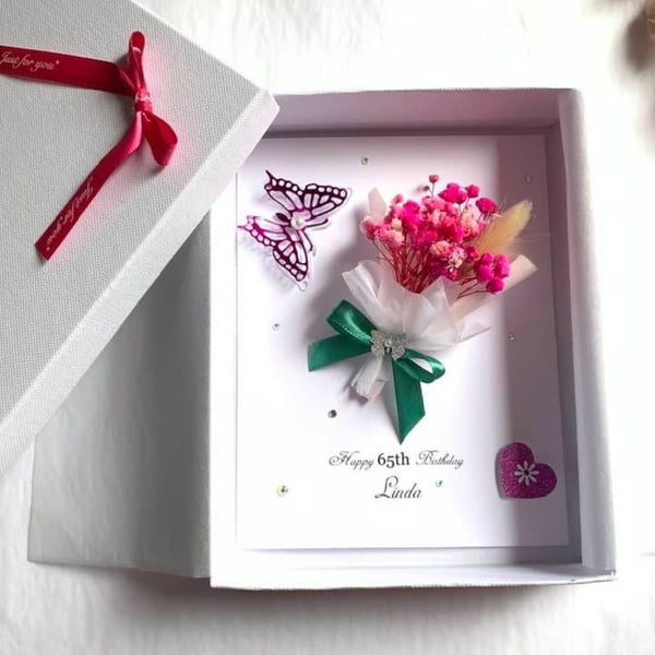 Handmade 3D Dried Flower Birthday Card: Personalized Bouquet C005