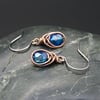 Copper Wire Wrapped Earrings with Faceted Capri Blue AB Glass Beads