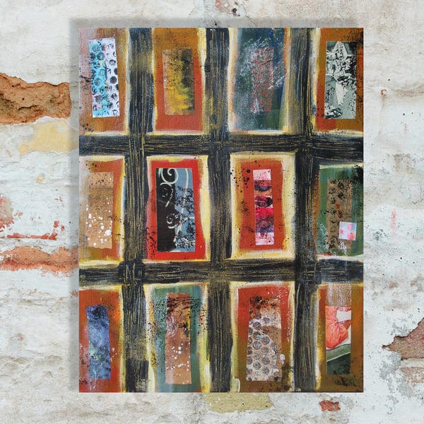 Abstract Geometric Collage Painting On Canvas Warm Earthy Tones Brown Grey Green