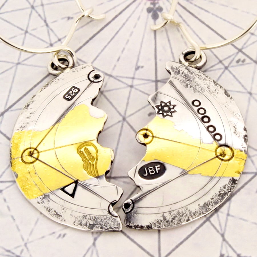 Silver & gold earrings, scribed earrings, halved earrings, archaeological.