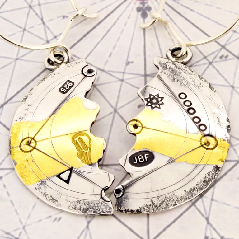 Silver & gold earrings, scribed earrings, halved earrings, archaeological.