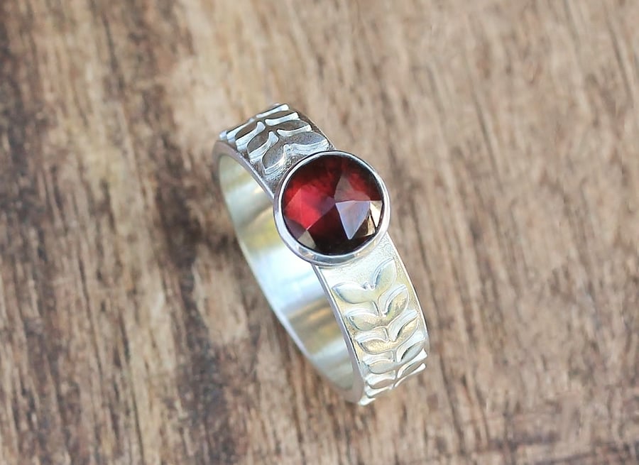 Silver Floral Garnet Ring - Silver Stacking Ring - Garnet Stacking Ring