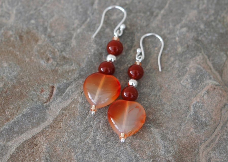 Carnelian Heart and Sterling Silver Drop Earrings