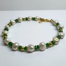 Limited Edition Chromium Diopside & Freshwater Pearl Bracelet Handmade Gold Tone