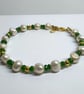 Limited Edition Chromium Diopside & Freshwater Pearl Bracelet Handmade Gold Tone