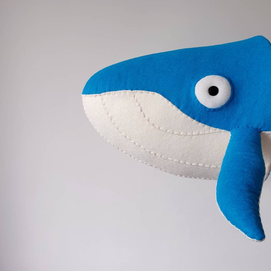 WHALE - Blue Felt Faux Taxidermy - Wall Mounted Animal Head