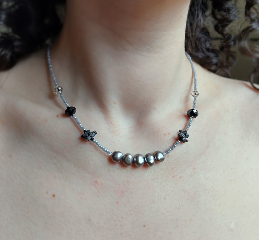 Grey Pearl, Snowflake Obsidian and Glass Necklace with 925 Sterling Silver Clasp