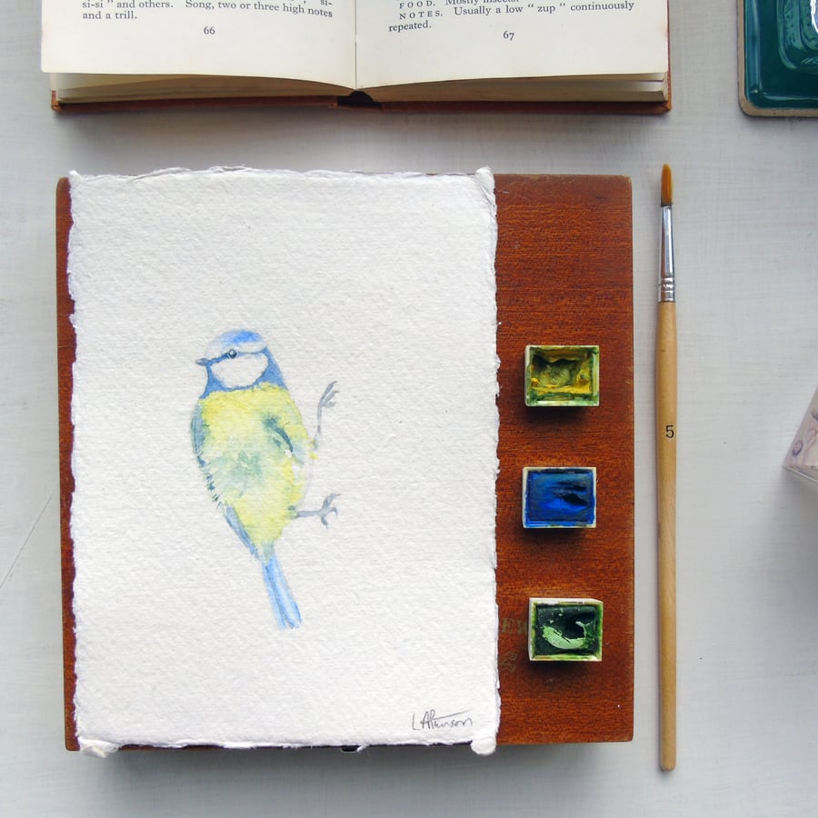 Original Watercolour Blue tit Painting Unframed