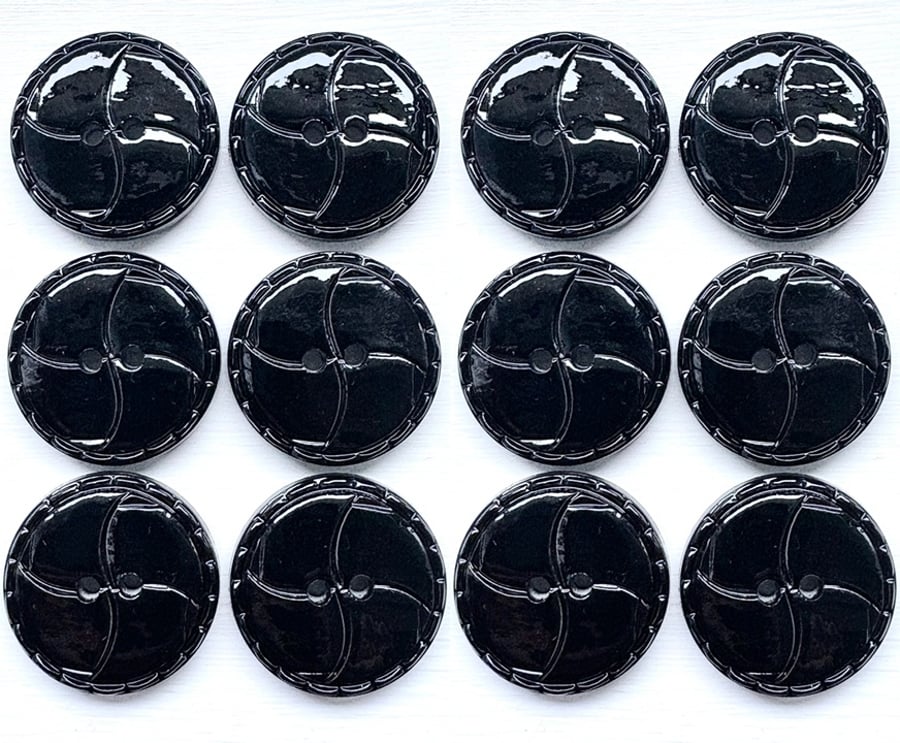 Bags of 12 Quartered Design Buttons, 20mm Wide, Black Glossy Finish