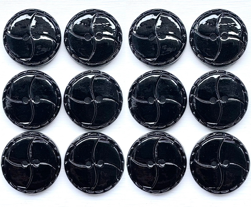 Bags of 12 Quartered Design Buttons, 20mm Wide, Black Glossy Finish
