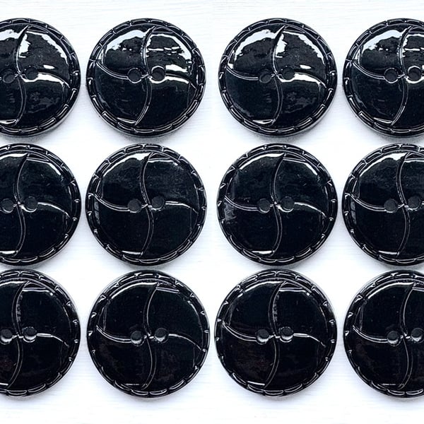Bags of 12 Quartered Design Buttons, 20mm Wide, Black Glossy Finish