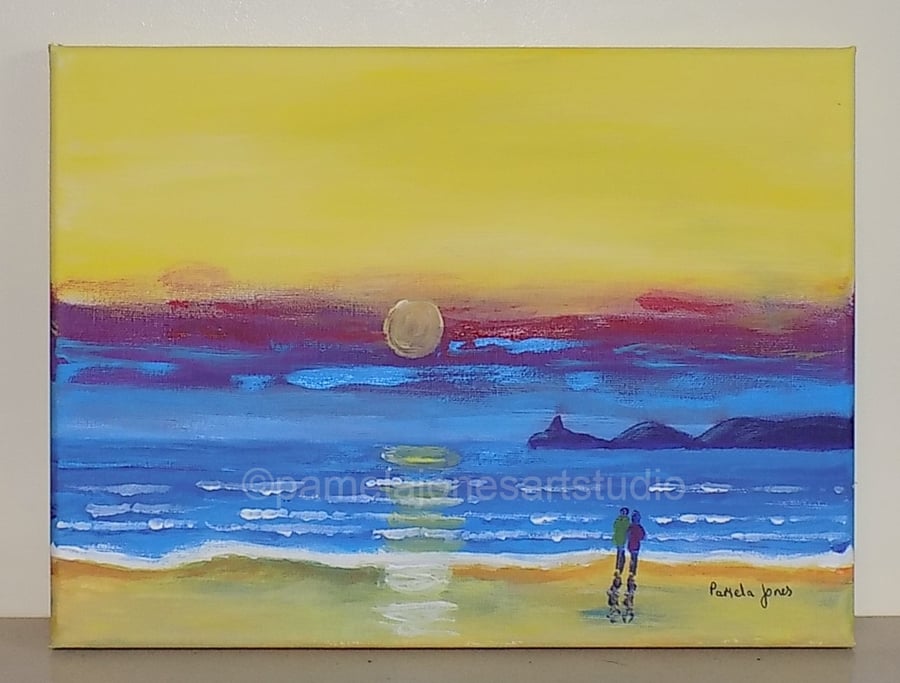 Early Morning Walk, Mumbles, Wales, Acrylic Painting on 30 x 23 cm Canvas