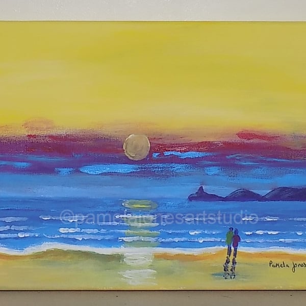 Early Morning Walk, Mumbles, Wales, Acrylic Painting on 30 x 23 cm Canvas