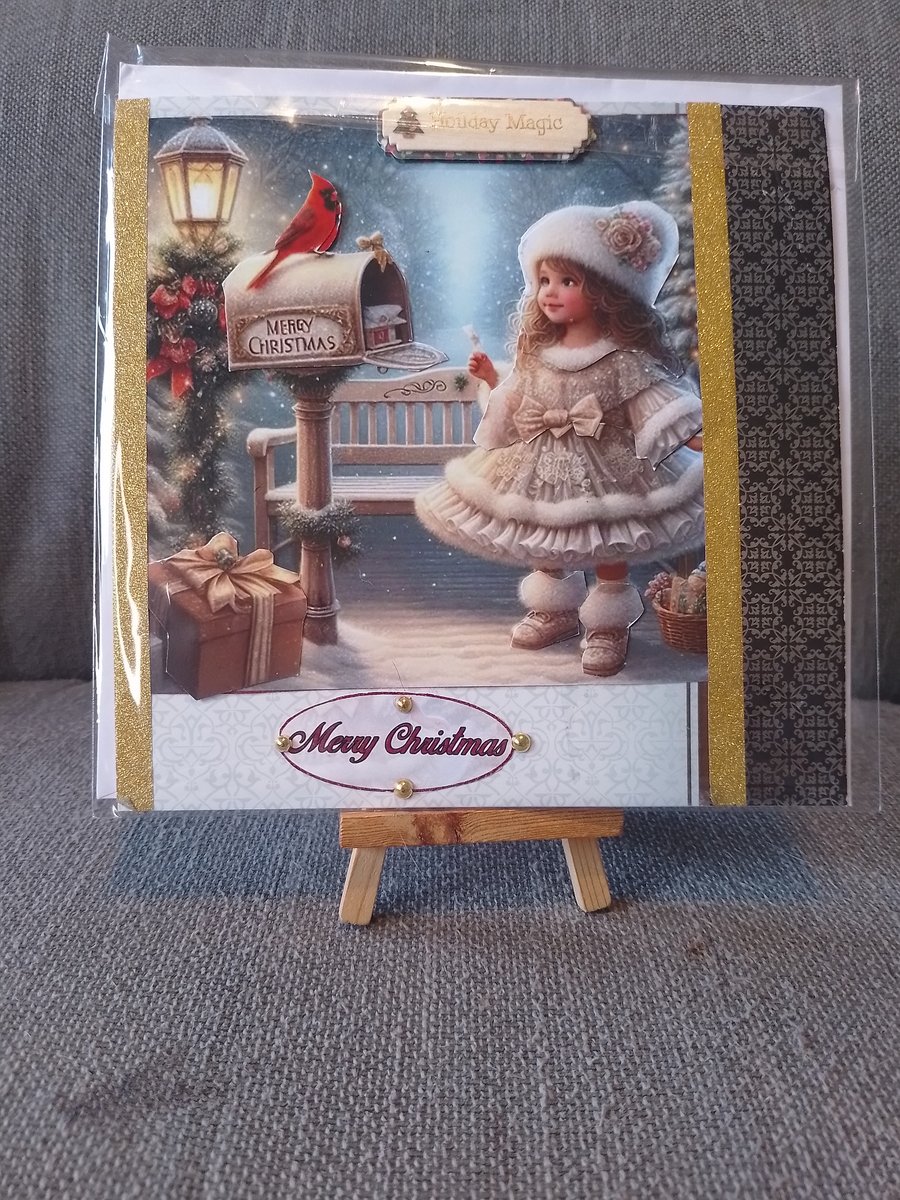 Girl with Bird on Postbox Christmas card handmade