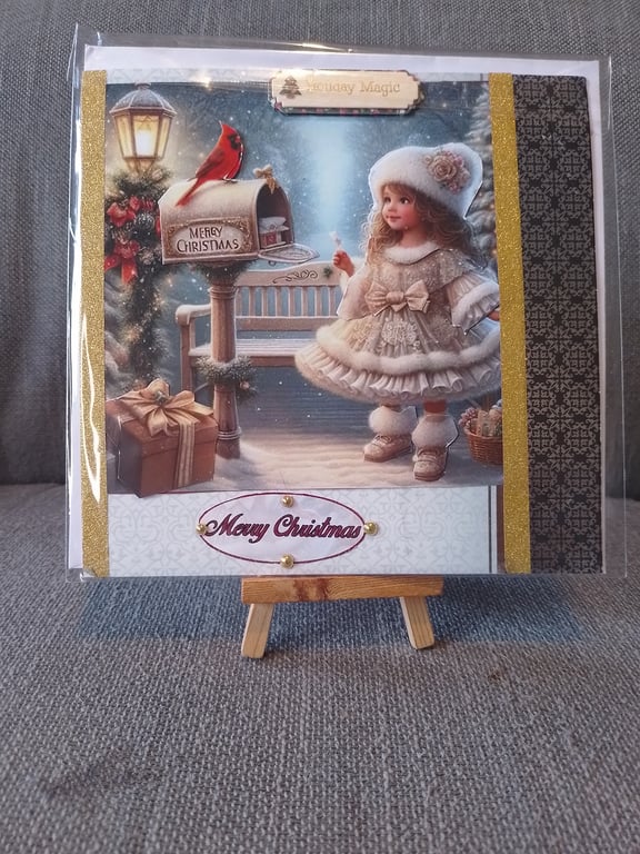 Girl with Bird on Postbox Christmas card handmade