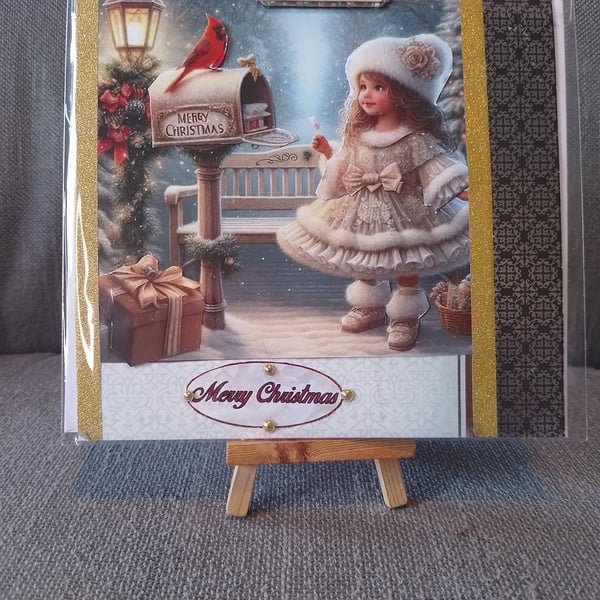 Girl with Bird on Postbox Christmas card handmade