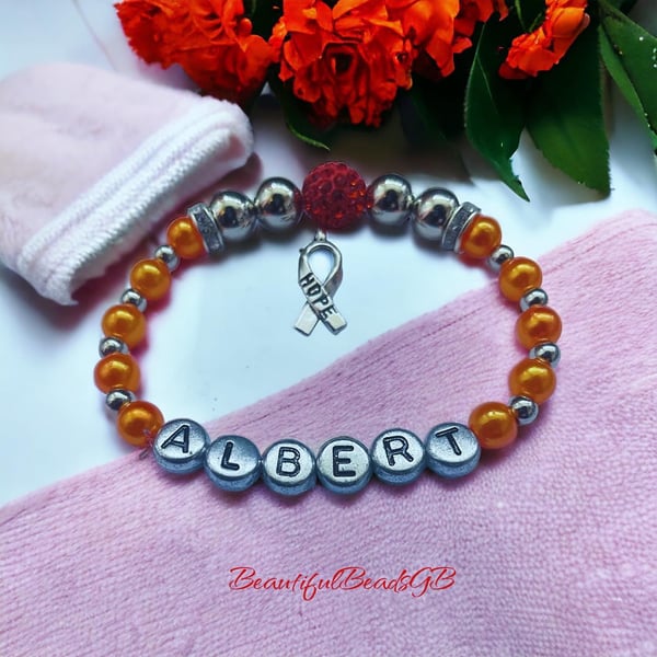 Orange ribbon awareness shamballa personalised stretch beaded bracelet 