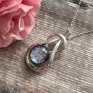 Sparkly silver fused glass knot pendant, grey teardrop dichroic necklace