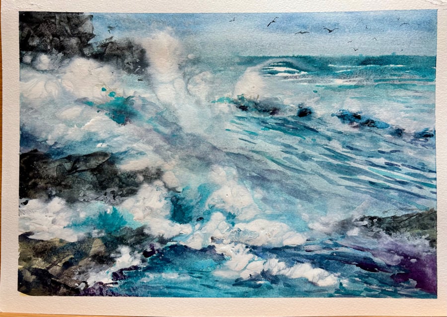 Abstract Watercolour; the waves are crashing on the shore